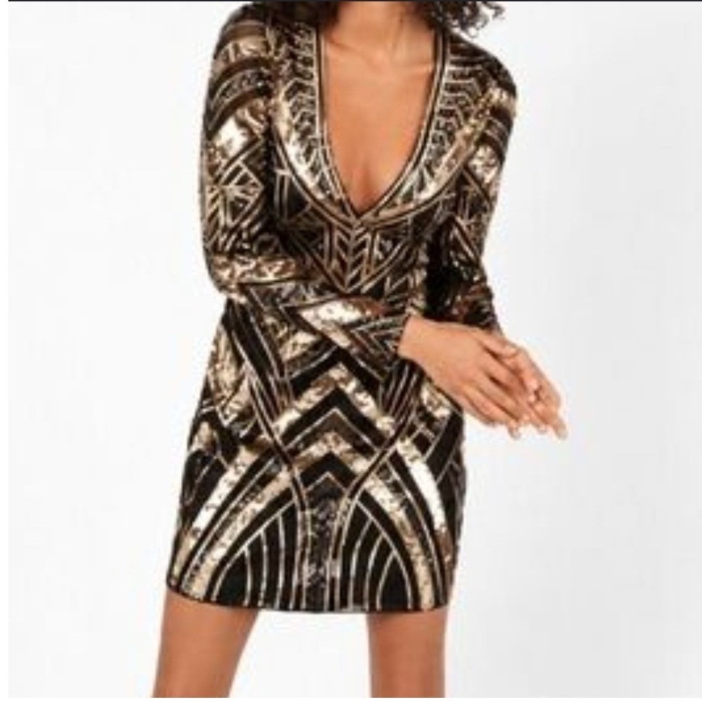 Express NYE Great Gatsby Mini Dress XS Black Gold Sequin Geometric Long Sleeve